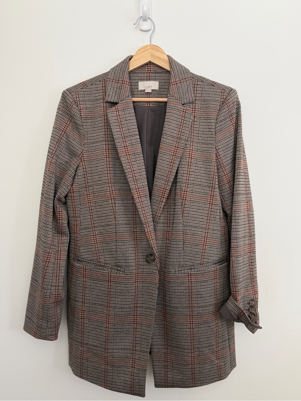 LOFT Gray and Brown Plaid Single-Button Blazer
